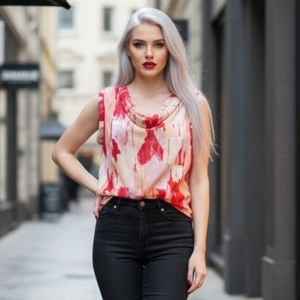 Hale Bob M Abstract Brushstroke Asymmetrical Hem Cap Sleeve Top Red Tan Med - Picture 5 of 11